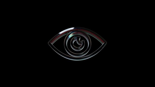 Shiny glass eye icon with liquid metallic reflection on a deep black background 3D Icon