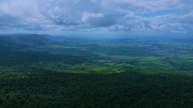 Aerial drone view of the spring landscape of the Llanada Alavesa region from the Sierra de Entzia. &Aacute;lava. Basque Country. Spain. Europe