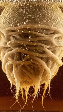 Vertical view of a fermenting kombucha scoby with bubbles rising through organic layers