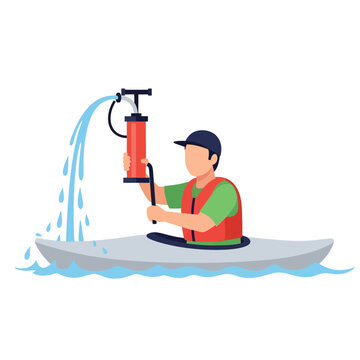 Detailed vector illustration showing the process of using a manual bilge pump to expel water from a sea kayak cockpit during an emergency or routine maintenance on the water.