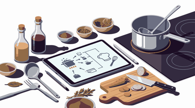 A kitchen scene with various utensils and ingredients