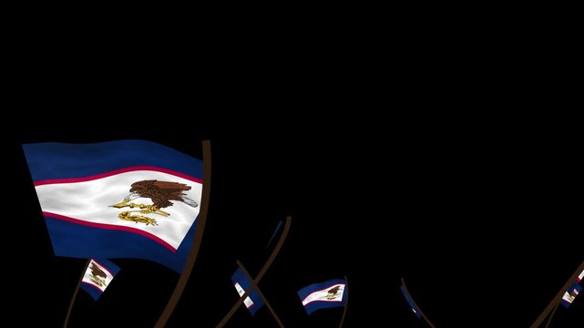 American Samoa State Flags Waving Crowd. Realistic 4K 60fps Seamless Loop Animation Isolated On Black Background For Overlay. Lot Of American Samoa State Flags With Realistic Fabric Motion.