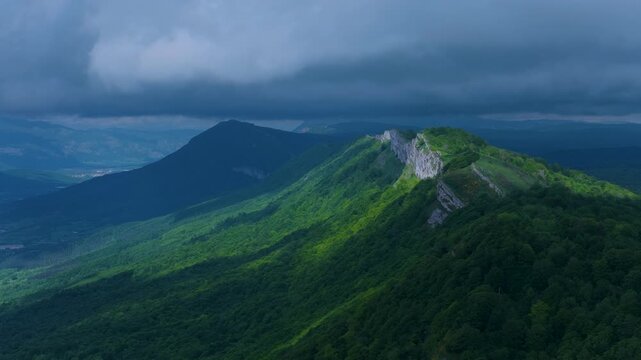Aerial drone view of the spring landscape of beech forests in the Sierra de Entzia. &Aacute;lava. Basque Country. Spain. Europe
