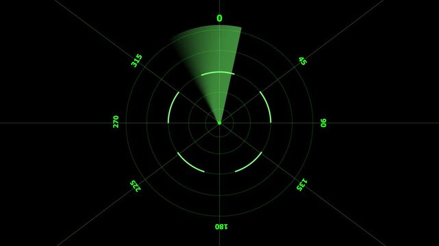 Futuristic radar screen displaying green scan and concentric circles with directional. Radar screen displays tracking and detection. Digital interface represents navigation and surveillance