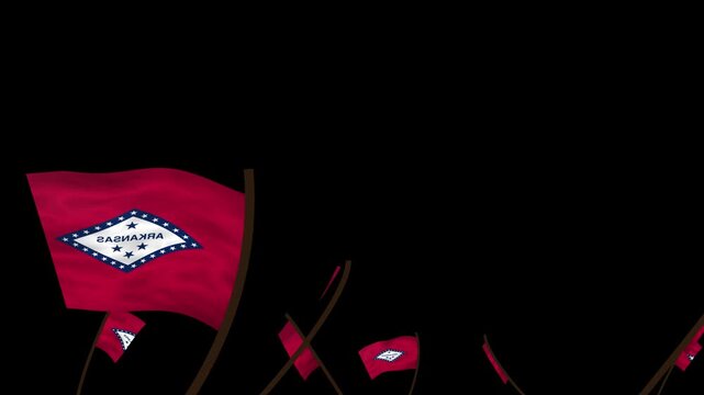 Arkansas State Flags Waving Crowd. Realistic 4K 60fps Seamless Loop Animation Isolated On Black Background For Overlay. Lot Of Arkansas State Flags With Realistic Fabric Motion.