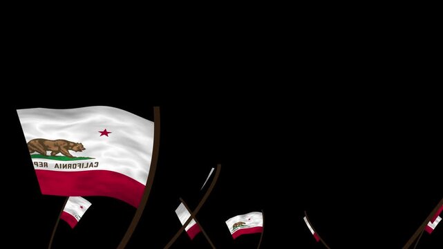 California State Flags Waving Crowd. Realistic 4K 60fps Seamless Loop Animation Isolated On Black Background For Overlay. Lot Of California State Flags With Realistic Fabric Motion.