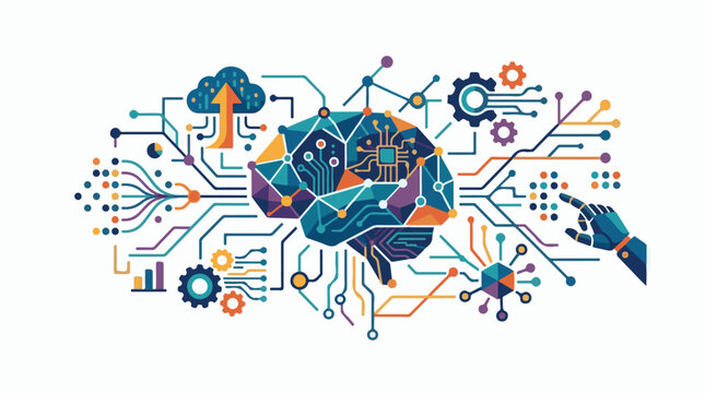 A futuristic brain composed of various polygons and circuit board elements