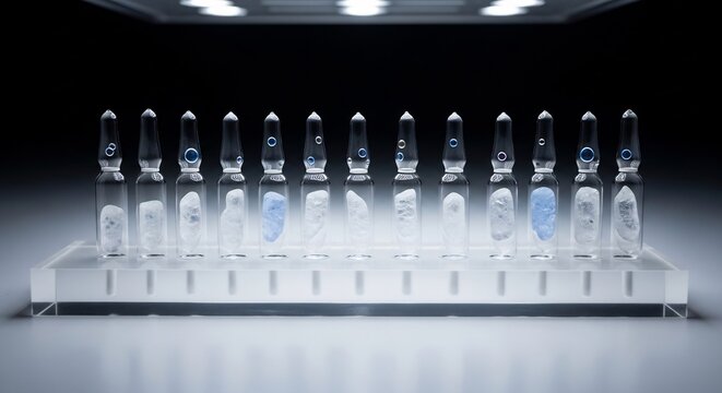 Row of glass awards displayed on illuminated shelf
