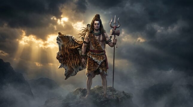 Divine warrior holding trident and tiger pelt amidst dramatic clouds