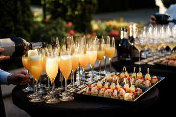 Waiter pouring mimosas into flute glasses at a wedding party with gourmet shrimp canape appetizers on a black table cloth outdoors, luxury garden wedding catering service © Olga Yashnikova