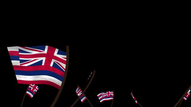 Hawaii State Flags Waving Crowd. Realistic 4K 60fps Seamless Loop Animation Isolated On Black Background For Overlay. Lot Of Hawaii State Flags With Realistic Fabric Motion.