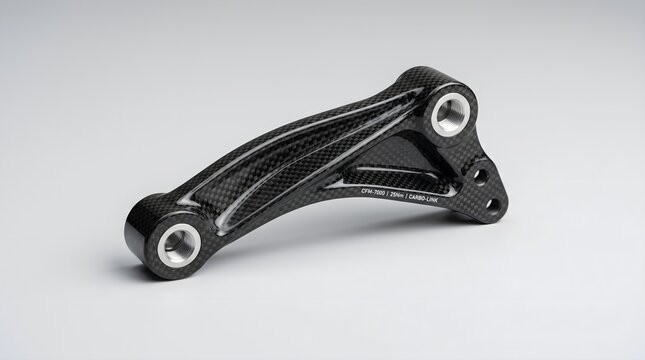 Sleek carbon fiber composite link bracket on a solid light grey background