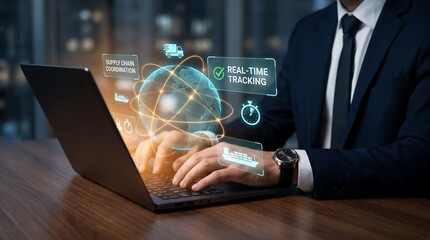 Fototapeta premium Global digital network connection concept featuring businessman using laptop with glowing earth globe hologram for international business communication and internet telecommunication.