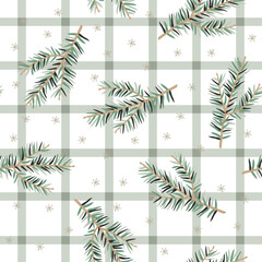Fototapeta premium Christmas seamless pattern, green fir twigs, snowflakes, gingham background. Vector illustration. Nature design. Season greeting. Winter holidays