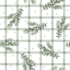 Christmas seamless pattern, green fir twigs, snowflakes, gingham background. Vector illustration. Nature design. Season greeting. Winter holidays © ojardin