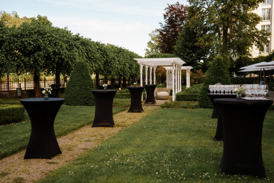 Lush garden setting featuring black high top tables arranged for an elegant outdoor cocktail party, perfect for wedding or corporate event planning, luxury celebration, catering, garden wedding venue