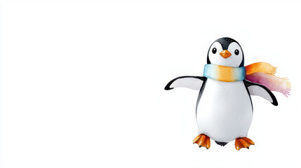 Fototapeta premium Cute penguin character wearing colorful scarf, standing with arms outstretched, ready for winter fun and adventure