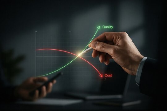 Businessman analyzing a digital chart showing the inverse relationship between quality and cost