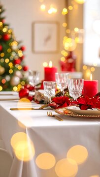Elegant Christmas Table Setting with Red Candles in Warm Festive Dining Room