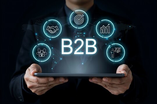 Businessman holding a tablet displaying a b2b digital interface with strategic business icons