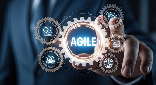 Agile methodology concept with gears and business professional interaction