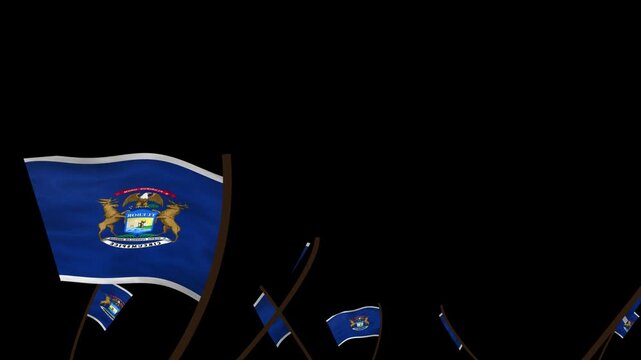 Michigan State Flags Waving Crowd. Realistic 4K 60fps Seamless Loop Animation Isolated On Black Background For Overlay. Lot Of Michigan State Flags With Realistic Fabric Motion.