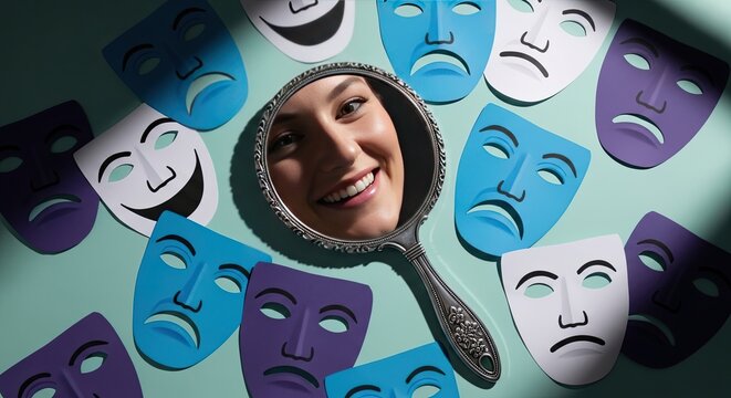Woman looking in oval mirror surrounded by dramatic theater masks