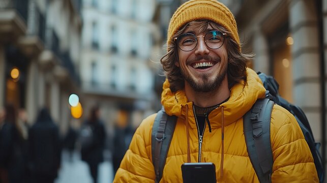 Happy young man smiles, wearing yellow jacket and beanie, backpack, holding phone, city street background