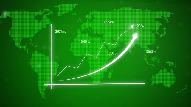 Global Growth Animated Map Chart Business Success Financial Data Percentage Increase World Map. Global Business Growth And Financial Success Rise Steadily. Economic Progress And Investment.