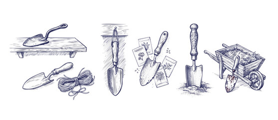 Garden trowel shovel sketch set of vintage hand drawn engraving icons featuring rusty wheelbarrow, seeds, rope, and rustic wood elements for springtime planting and horticulture design on white. © Dinali