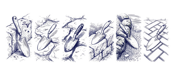 Garden trowel hand shovel drawing set resting on stone pave paths and rustic rock walls, vintage engraving style line art illustrations for home landscaping and backyard gardening concepts. © Dinali