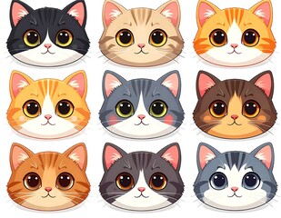 Fototapeta premium Cute Cartoon Cat Faces Arranged in Colorful Grid on White Background