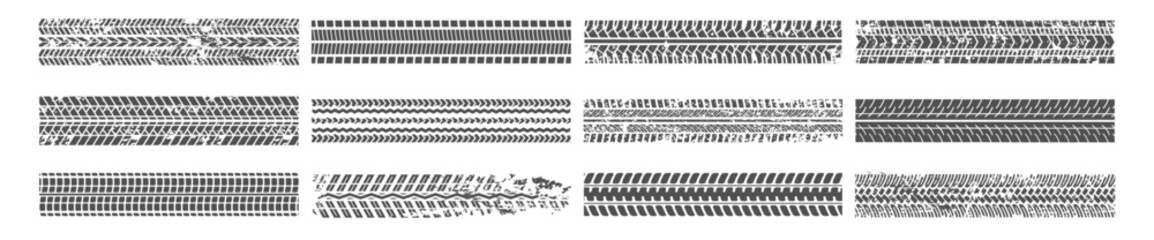 Collection of grunge tire tread marks with various patterns. Distressed wheel prints and offroad tire tracks. © Alla