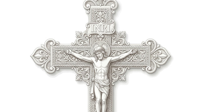Jesus Christ on ornate cross with INRI inscription