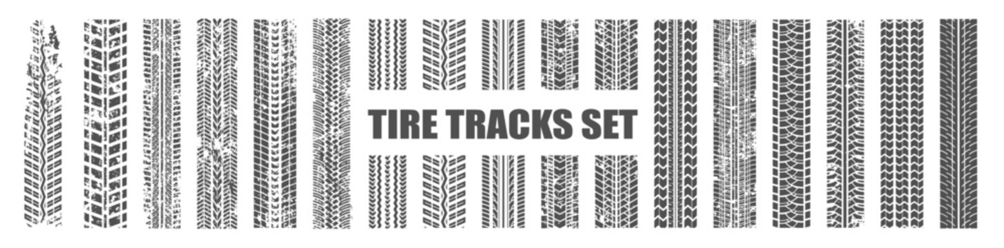 Set of various tire track patterns in black and white. Multiple tire marks and textures in different styles on transparent background.