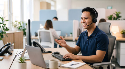 Fototapeta premium Friendly Healthcare Customer Service Representative Wearing Headset Assisting Patient Call