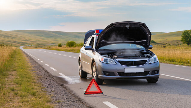Broken down car on the road, Emergency warning triangle on asphalt, Vehicle malfunction with open hood, Roadside assistance and towing service, Overheated car engine on country road