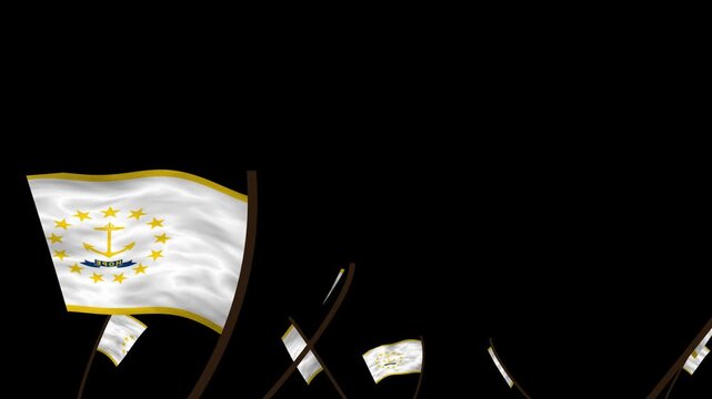 Rhode Island State Flags Waving Crowd. Realistic 4K 60fps Seamless Loop Animation Isolated On Black Background For Overlay. Lot Of Rhode Island State Flags With Realistic Fabric Motion.