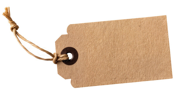 Blank brown cardboard tag with jute string, isolated on transparent background