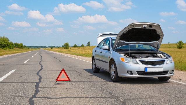 Broken down car on the road, Emergency warning triangle on asphalt, Vehicle malfunction with open hood, Roadside assistance and towing service, Overheated car engine on country road