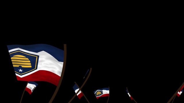 Utah State Flags Waving Crowd. Realistic 4K 60fps Seamless Loop Animation Isolated On Black Background For Overlay. Lot Of Utah State Flags With Realistic Fabric Motion.