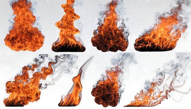 Set of collection realistic bright orange fire flames with shadow cut out isolated on white background. AI Generated.