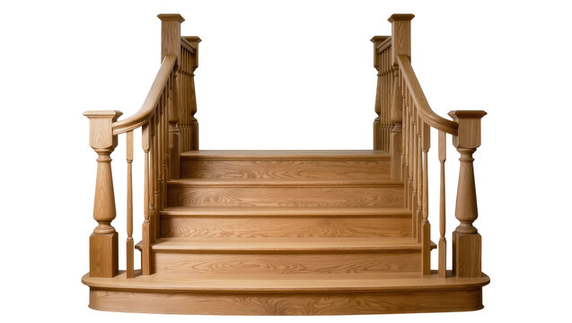 Ornate wooden staircase with carved balusters and handrail, isolated on transparent background