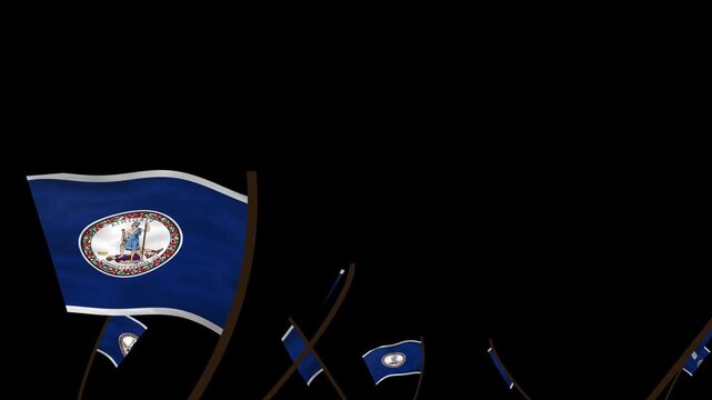 Virginia State Flags Waving Crowd. Realistic 4K 60fps Seamless Loop Animation Isolated On Black Background For Overlay. Lot Of Virginia State Flags With Realistic Fabric Motion.
