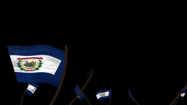 West Virginia State Flags Waving Crowd. Realistic 4K 60fps Seamless Loop Animation Isolated On Black Background For Overlay. Lot Of West Virginia State Flags With Realistic Fabric Motion.