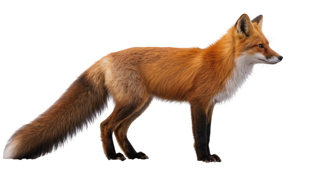 Red fox with bushy tail standing, isolated on transparent background