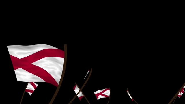 Alabama State Flags Waving Crowd. Realistic 4K 60fps Seamless Loop Animation Isolated On Black Background For Overlay. Lot Of Alabama State Flags With Realistic Fabric Motion.