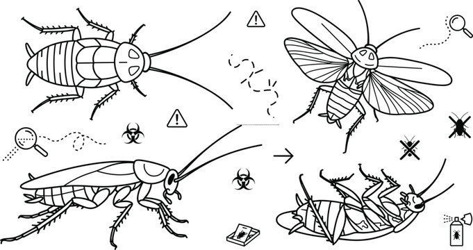 Cockroach pest control line art vector icons set with flying dead bugs insecticide spray traps and warning signs