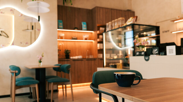 Cozy cafe interior with a cup of coffee on a wooden table