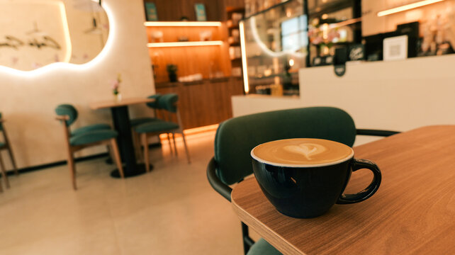 Cozy cafe interior with a latte art coffee cup on a wooden table
